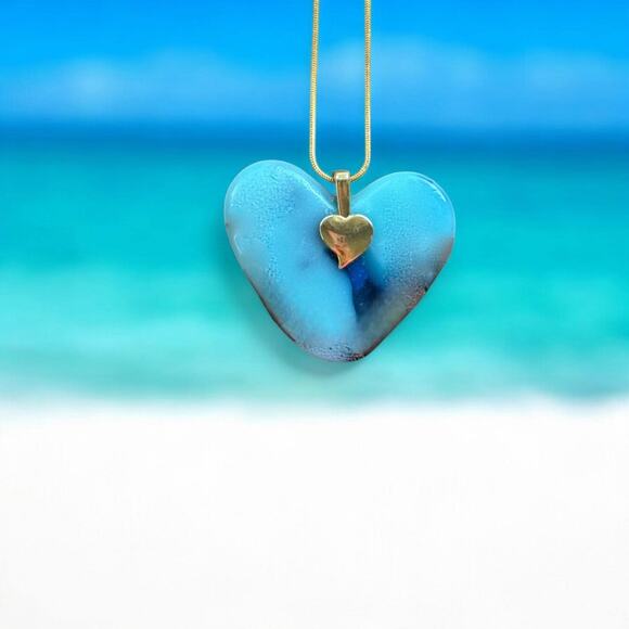 Chic & stylish Heart Pendant Necklace made from Fused Glass. Blue, green and tan - Picture 3 of 5